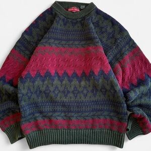 Vintage Stone Haven Cozy Cotton/Ramie Knit Green Burgundy Blue Nordic Sweater